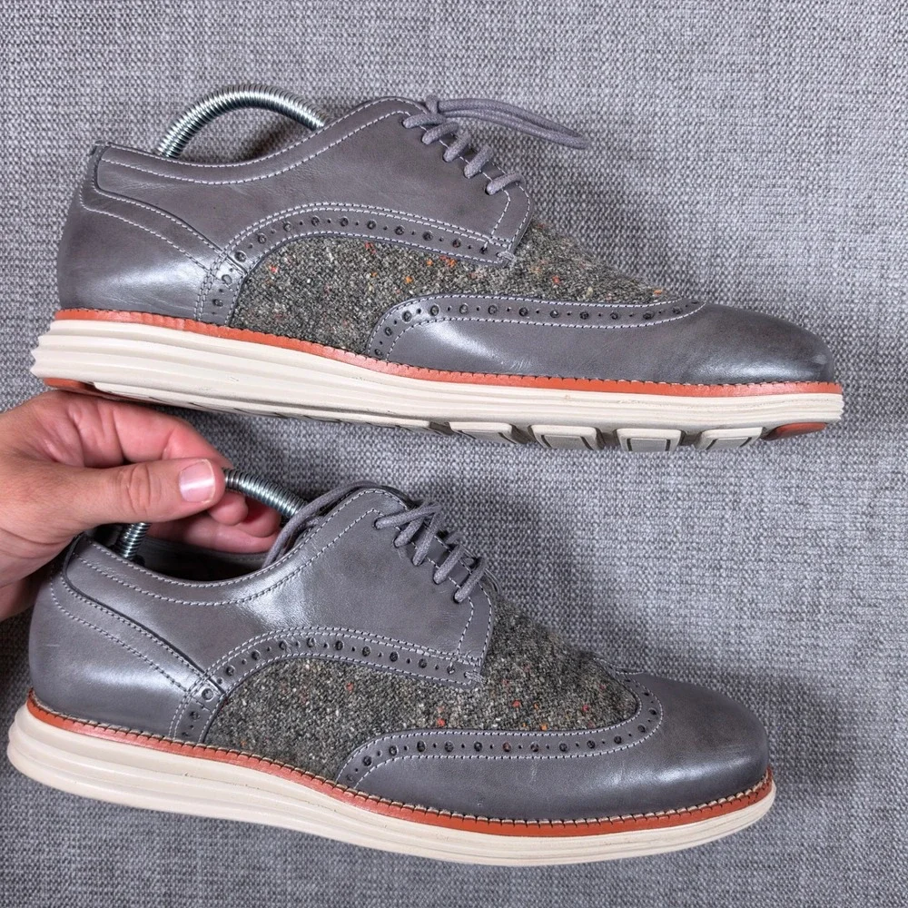 Cole Haan Original Grand Oxfords Mens 9.5 Grey Leather Wool Tweed Wingtip C30344